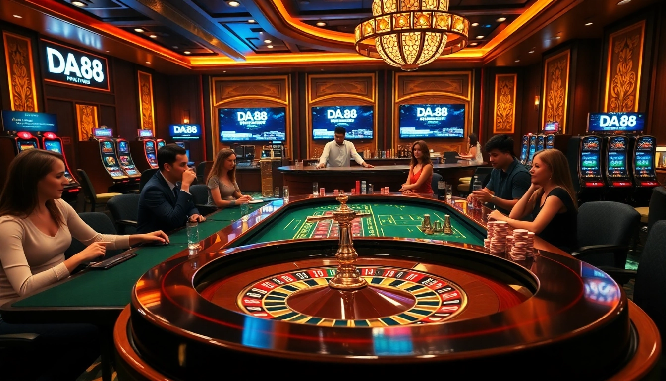 Experience luxury gaming at DA88 with vibrant casino tables and excited players.