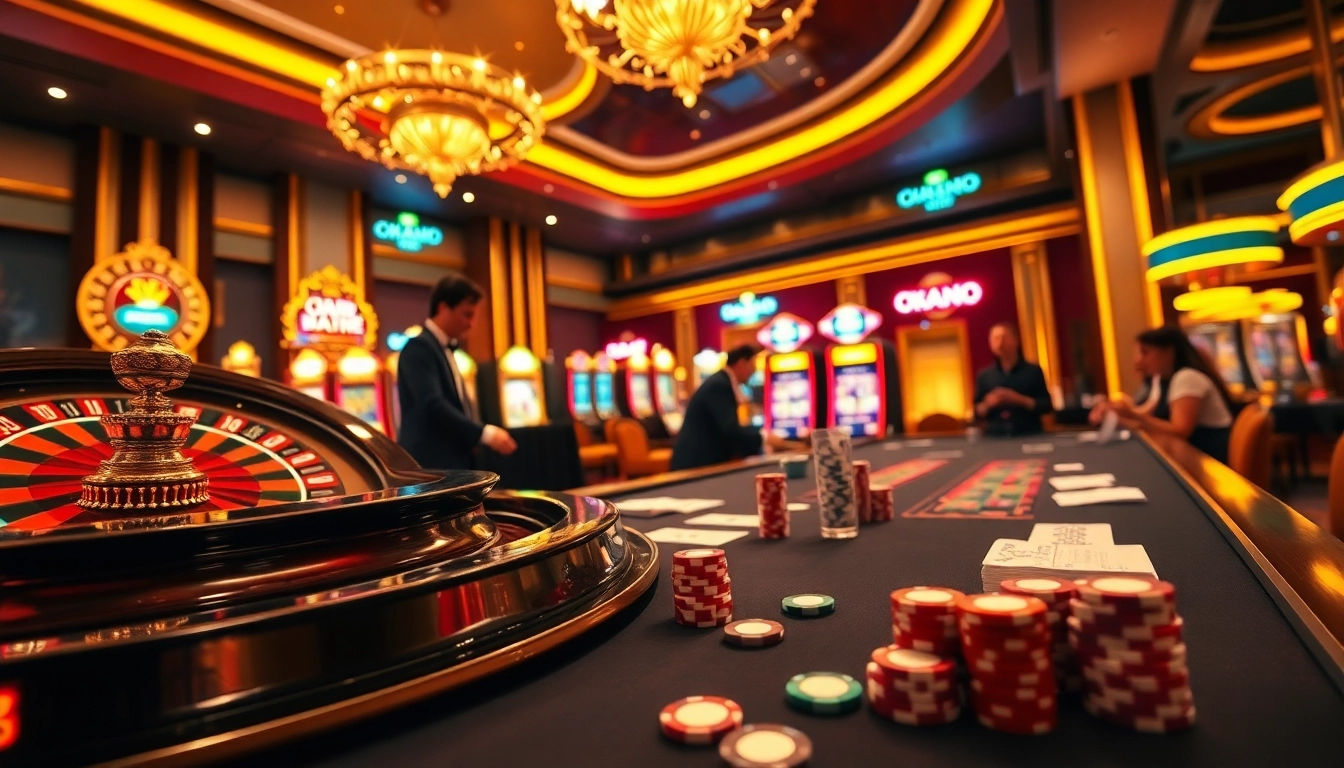 Exciting casino scene showcasing gameplay at https://okadabooks.com/ with roulette, poker, and vibrant slot machines.