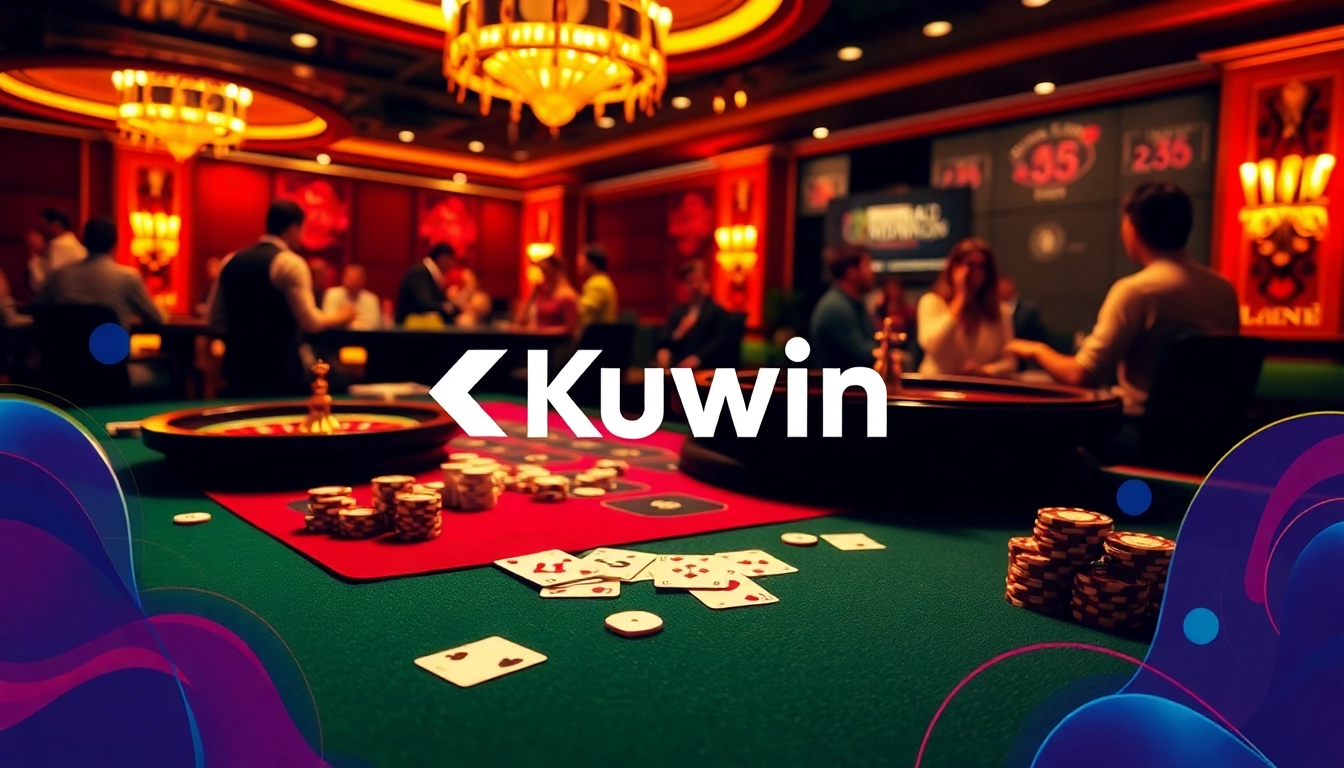 Kuwin casino gaming scene showcasing poker, roulette, and an online betting interface, evoking excitement.