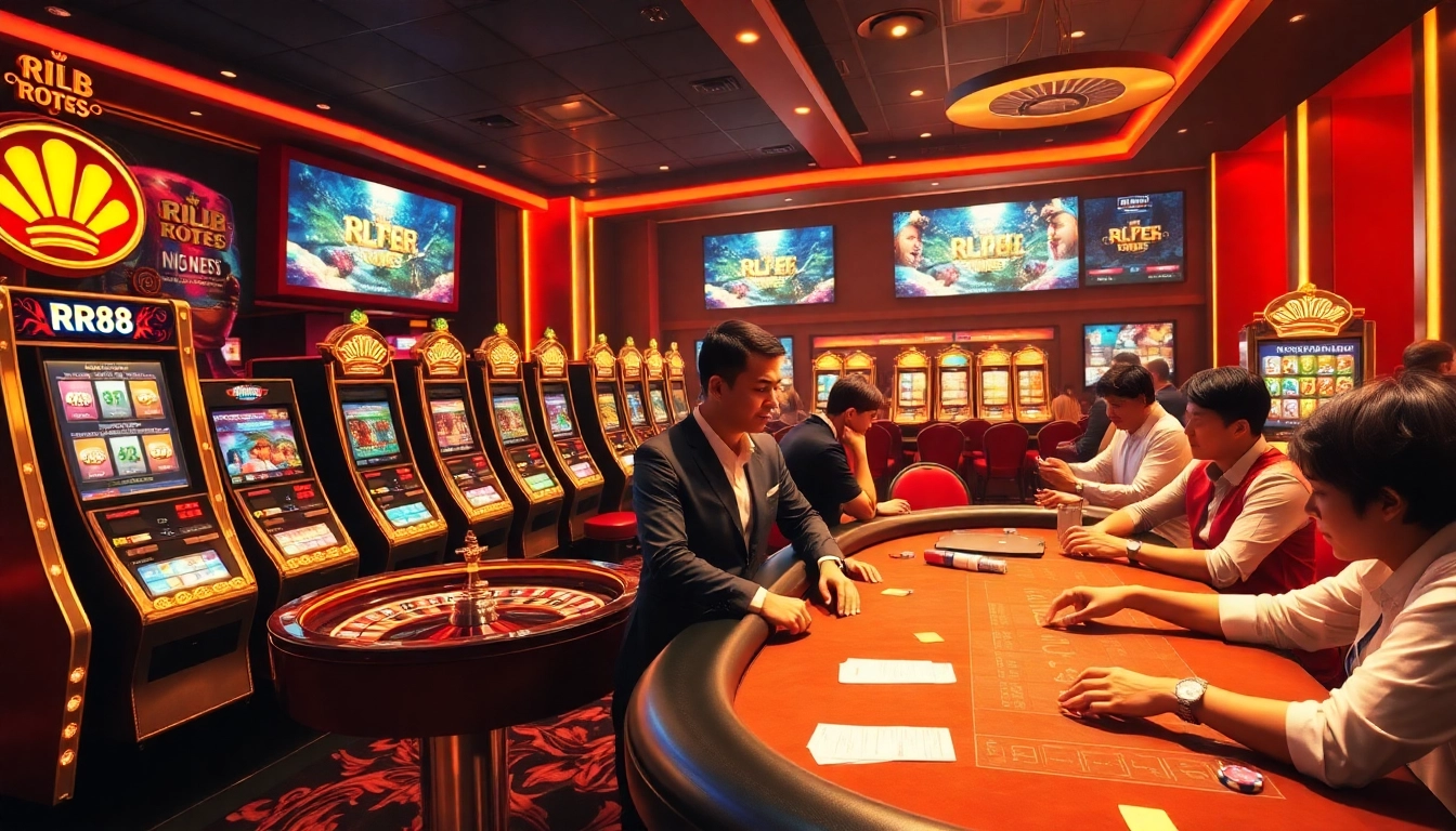 Engage in thrilling casino gaming experiences at RR88 with vibrant slot machines and poker tables.