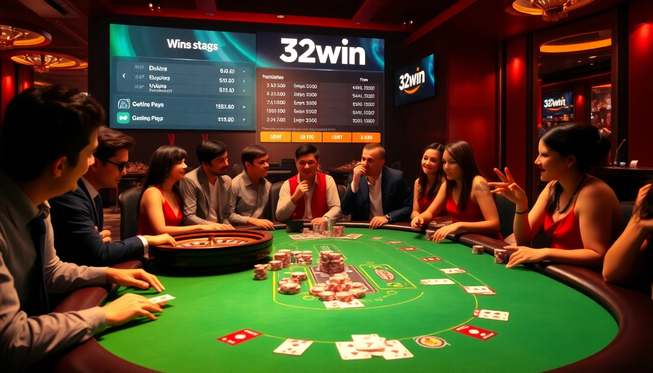 Players enjoying a thrilling poker game at 32win casino, showcasing exciting betting action.