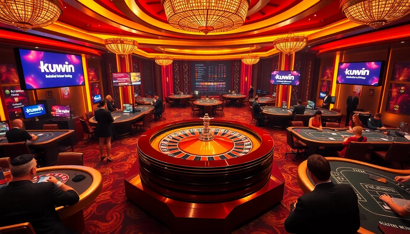 Kuwin casino scene showcasing exciting gameplay with roulette and poker tables.