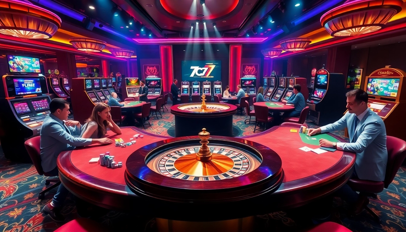 Experience the excitement of 7C77 online casino gameplay with vibrant scenes of players at lavish tables.