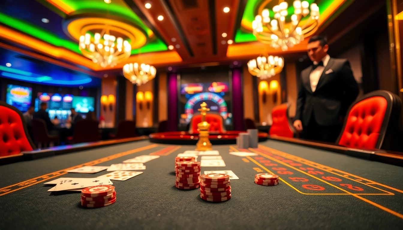 A dynamic casino scene featuring an elegant poker table and chips representing https://kjc.exchange, creating an exciting atmosphere.