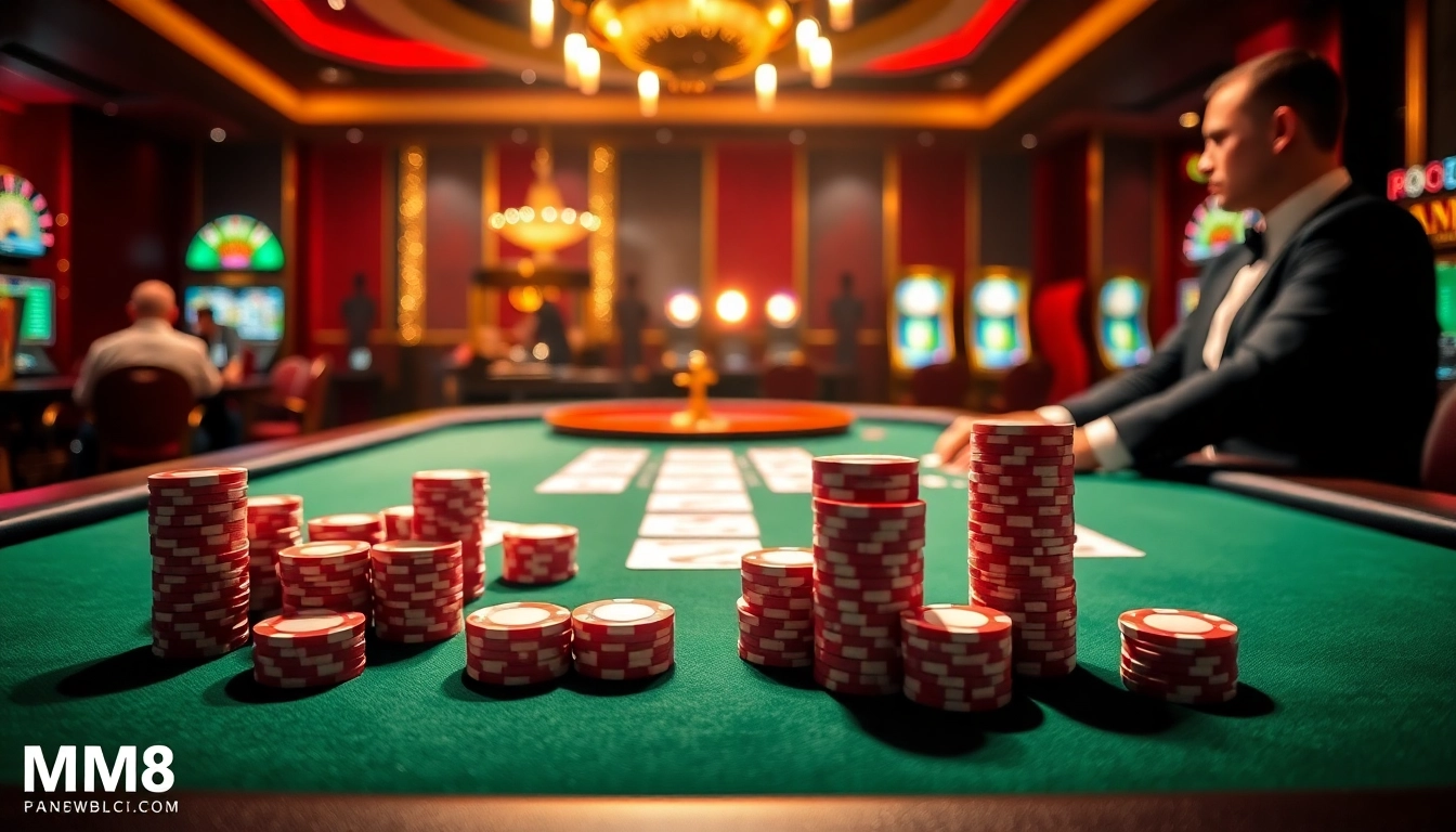 Experience the thrilling gameplay at MM88 with a vibrant casino setting filled with poker chips and slot machines.