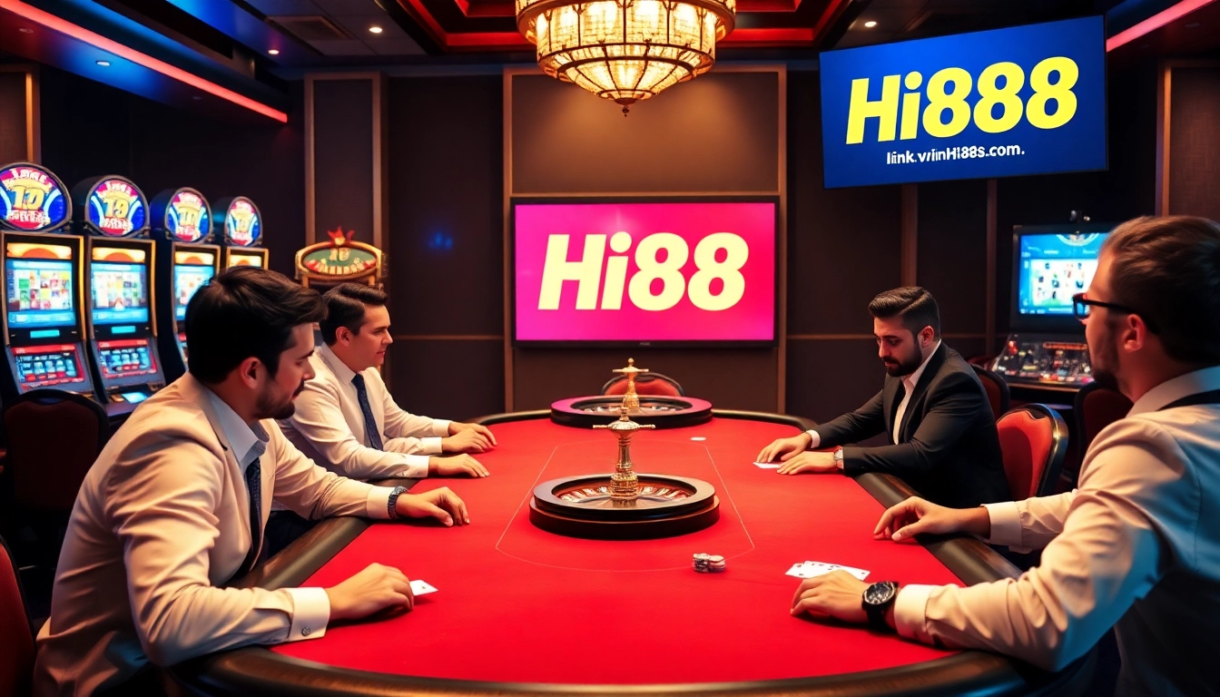 Experience the thrill of the Hi88 link with a vibrant casino scene featuring a poker table and slot machines.