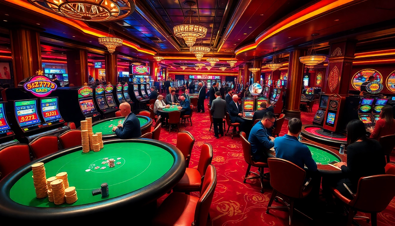 Exciting casino scene featuring luxurious 5Z7779 gaming tables and animated players.