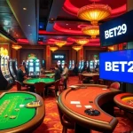 Exciting casino scene with BET29 logo and players engaging in table games and slot machines.