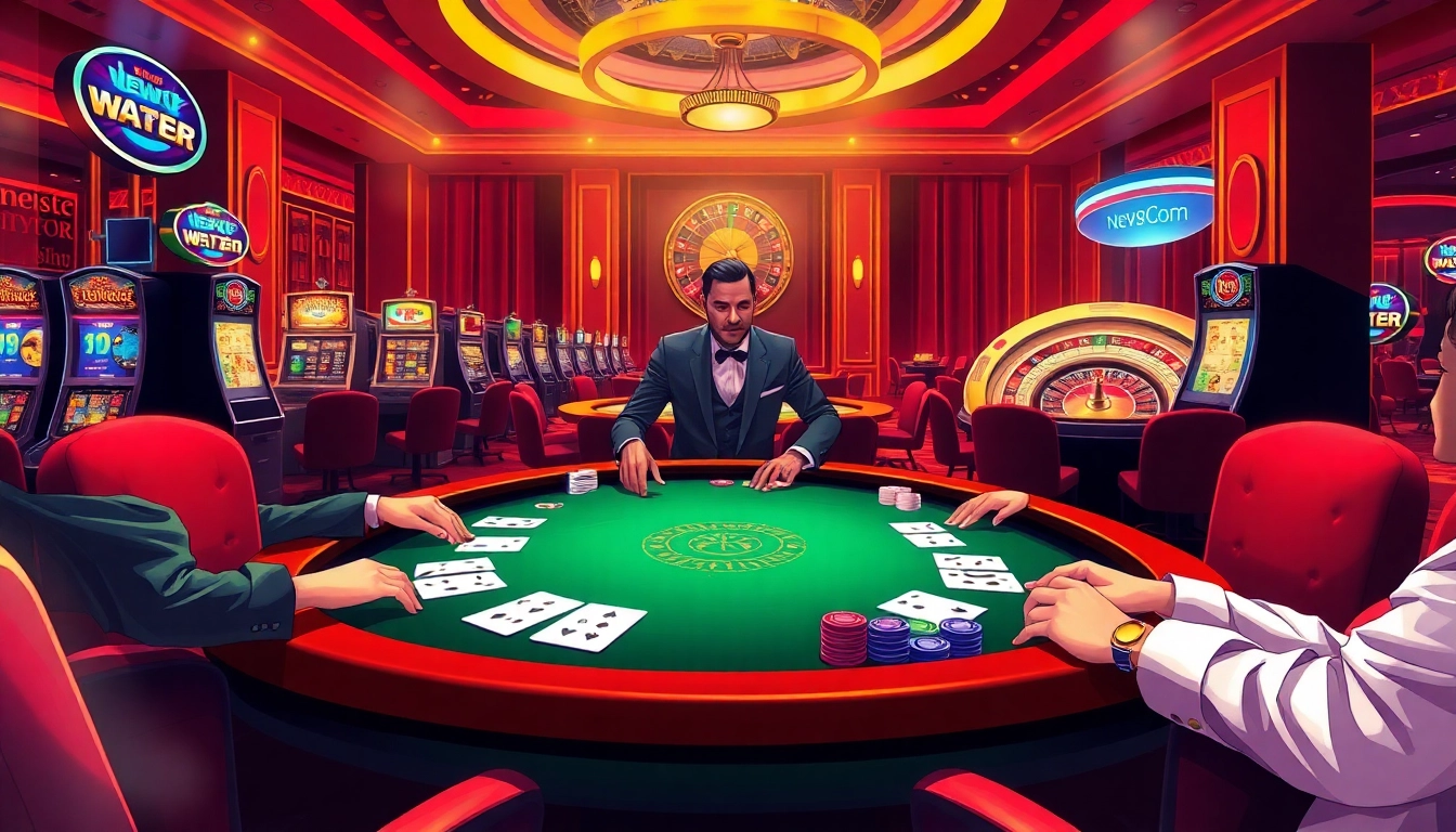 Experience thrilling gaming action with new88 com at a luxurious casino showcasing poker and roulette.