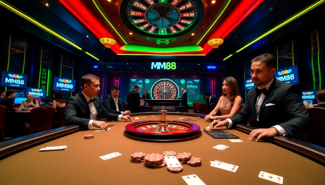 High-stakes poker at MM88 casino, showcasing vibrant gaming atmosphere and professional players.