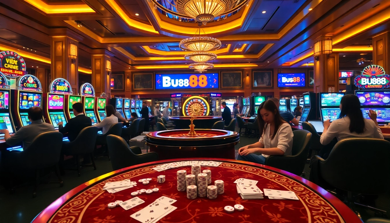 Exciting gambling scene at Bu88 online casino featuring poker, slots, and roulette.