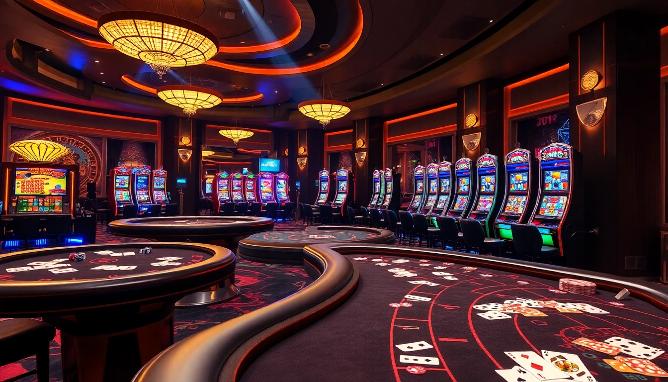KJC casino gaming atmosphere featuring poker chips, dice, and vibrant casino tables.