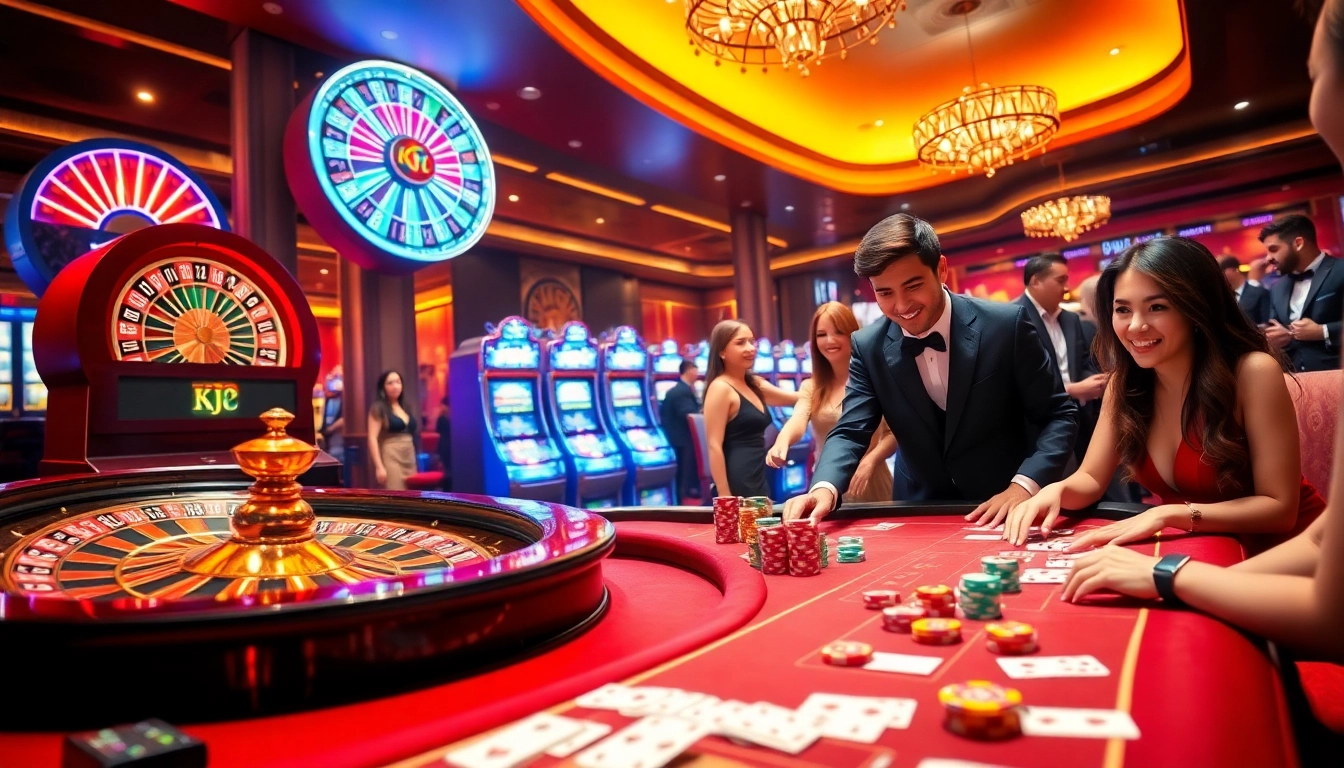 KJC gaming enthusiasts excitedly engage with a lavish casino setup featuring roulette and slot machines.