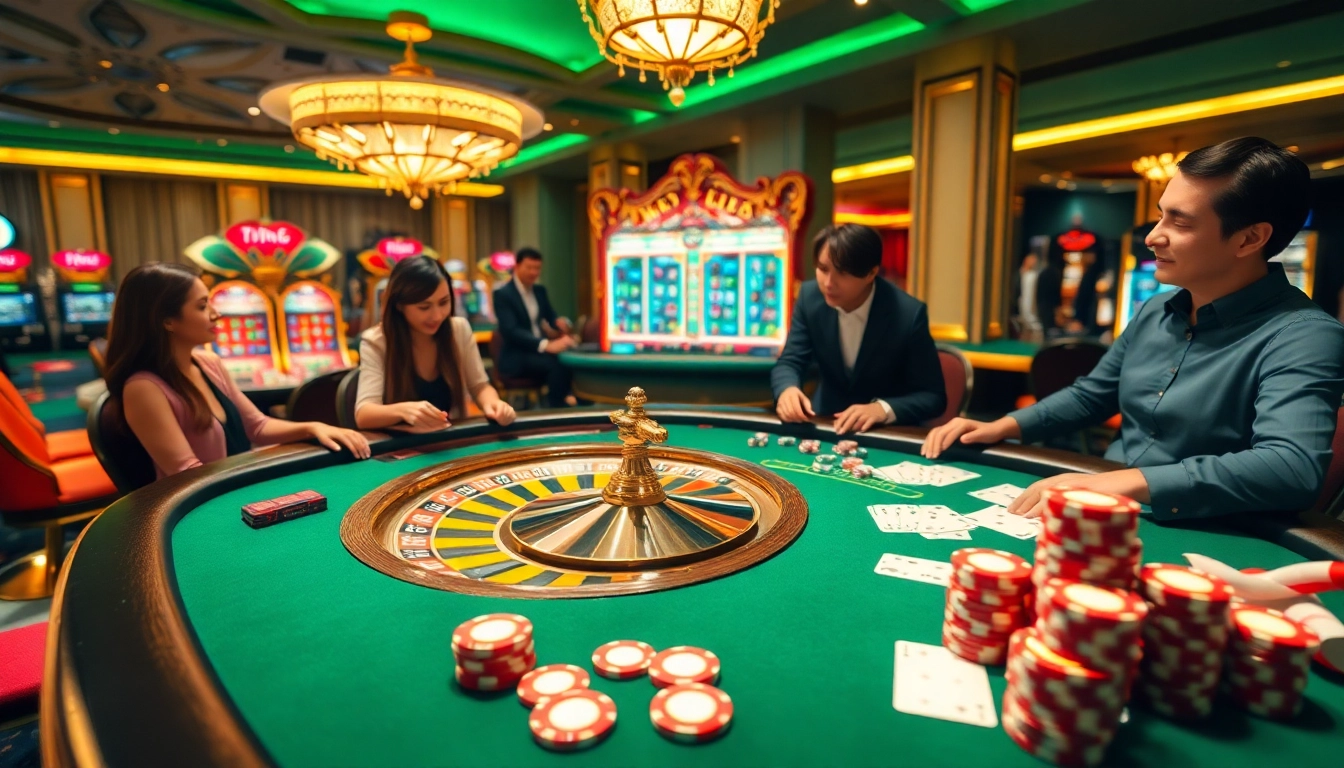 Players enjoy engaging games at 13win casino with a luxurious roulette table and colorful chips.