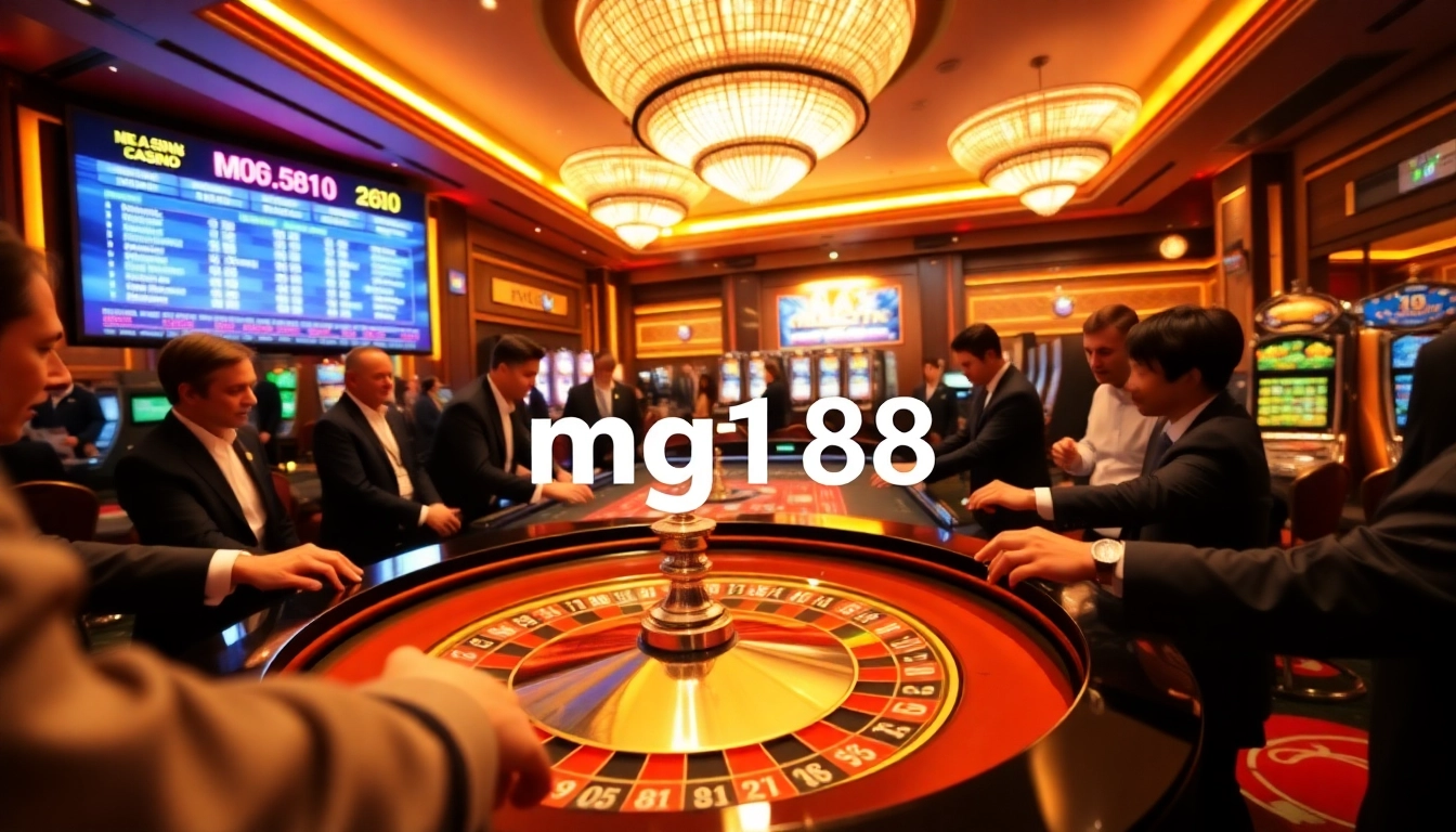 Engaging scene of mg188 casino experience with roulette, poker chips, and vibrant lights.