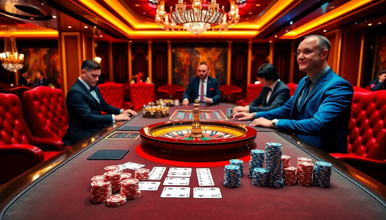 Players enjoying a thrilling game at SHBET casino table with poker chips and cards.