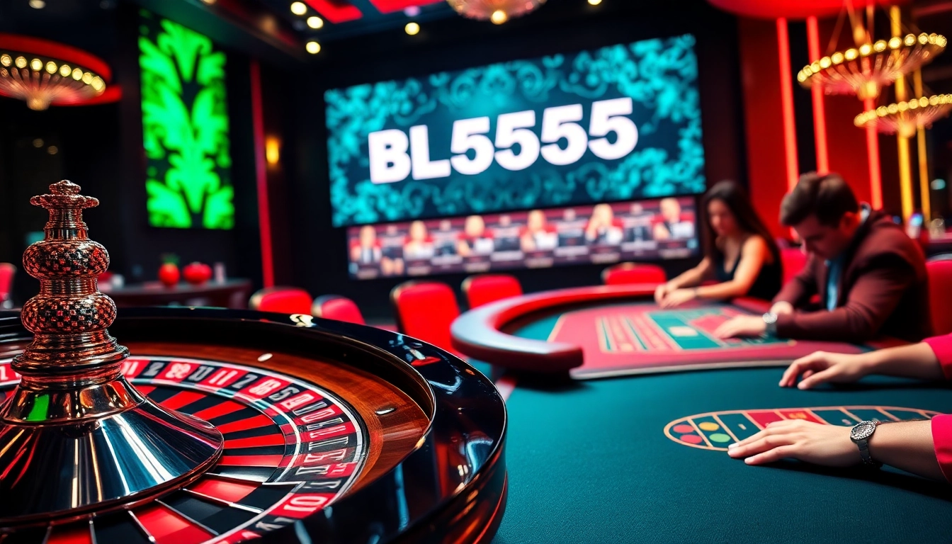 Experience intense gameplay at BL555 with poker chips and cards on a vibrant casino table.