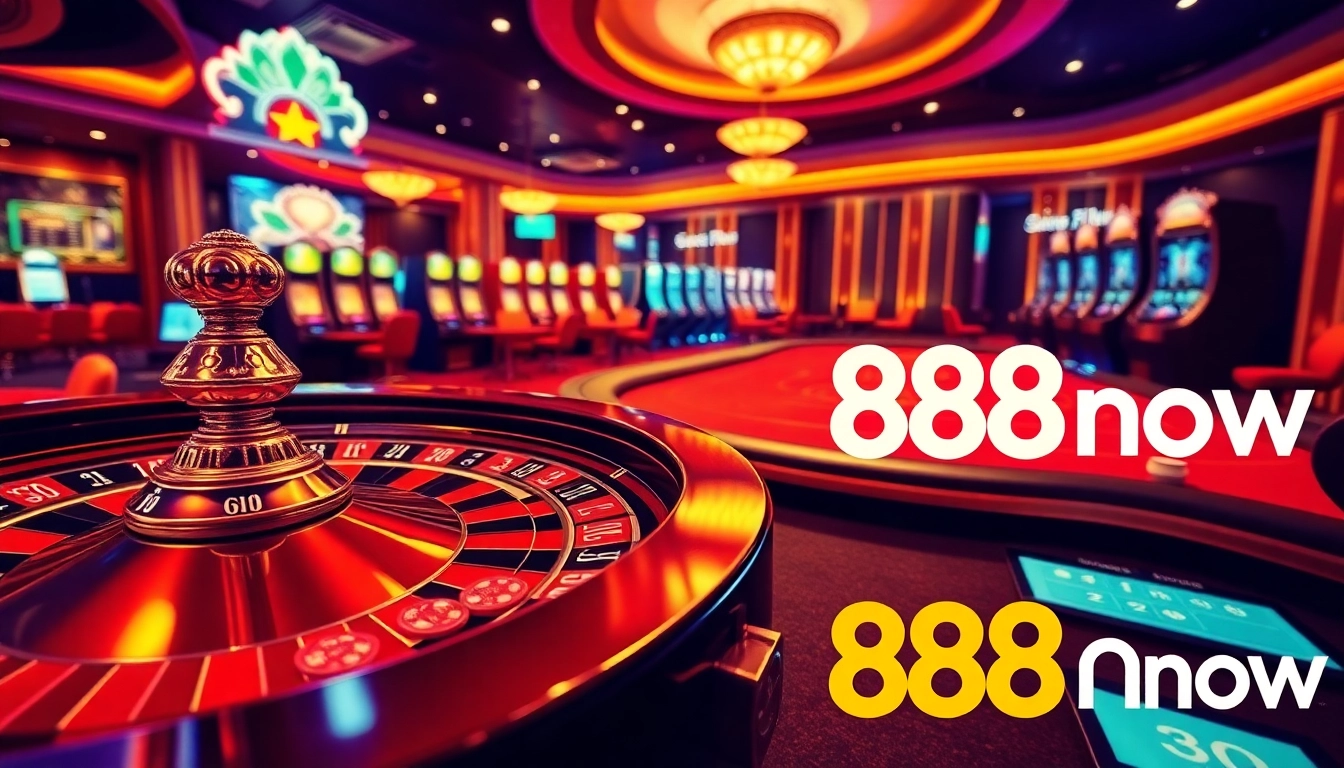 Engage with 888now's thrilling online casino experience, featuring poker tables and roulette wheels in a luxurious setting.