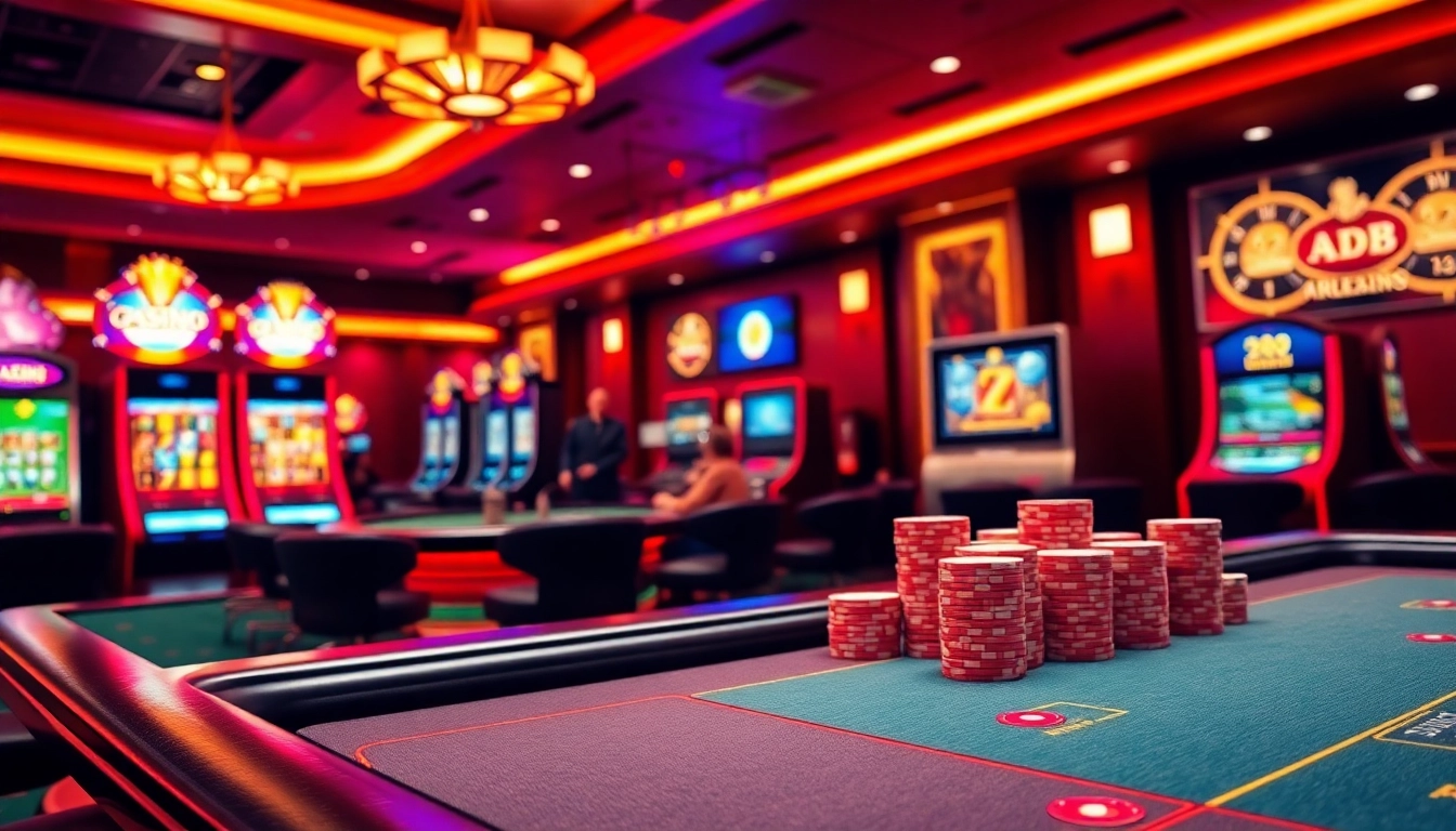 Engage in thrilling gaming experiences at https://abc8.lol/ with a vibrant casino scene showcasing slot machines and poker tables.