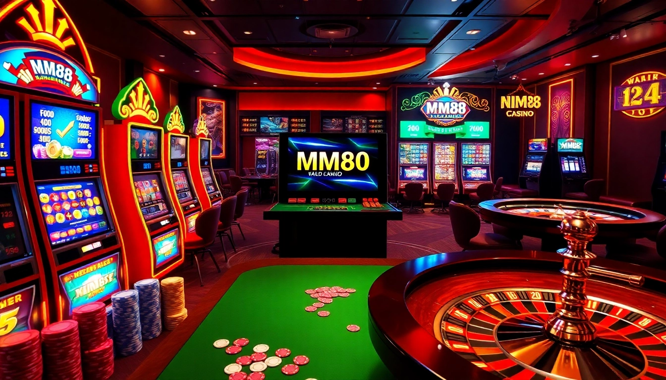 MM88 casino scene displaying vibrant gaming tables and slot machines immersed in luxury.