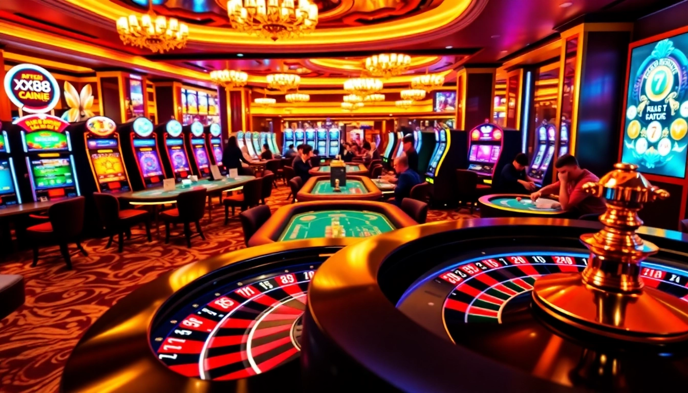 Players enjoying a thrilling gaming experience at https://xx88.nl/ casino with vibrant slot machines and roulette.