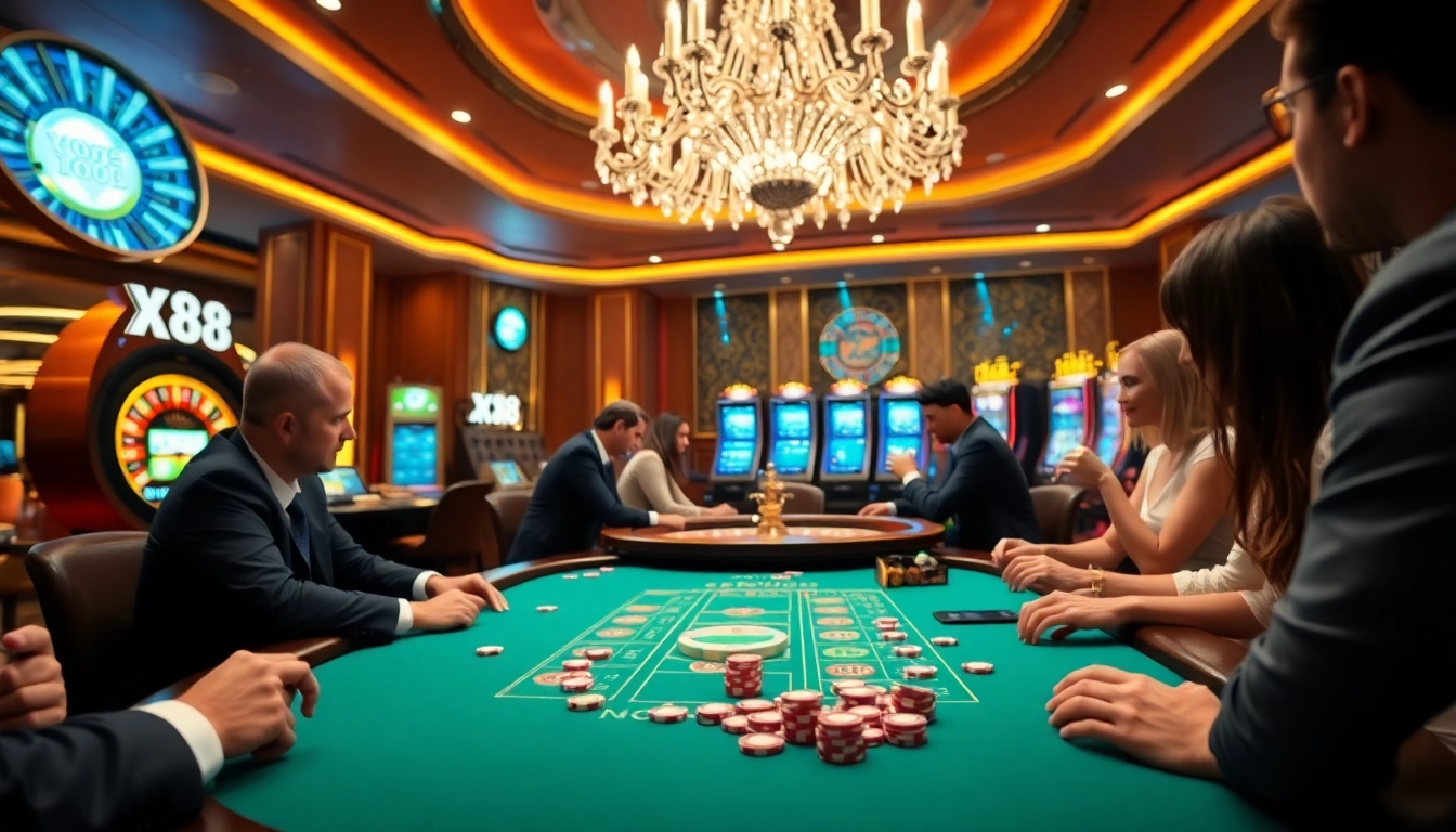 Players enjoying a thrilling poker game at a luxurious XX88 casino table.