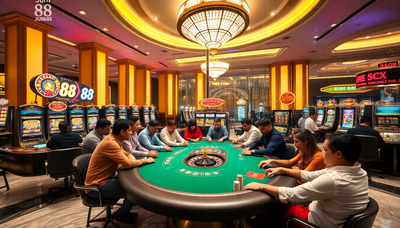Experience thrilling gameplay at Jun 88 casino tables with vibrant slot machines and poker chips.