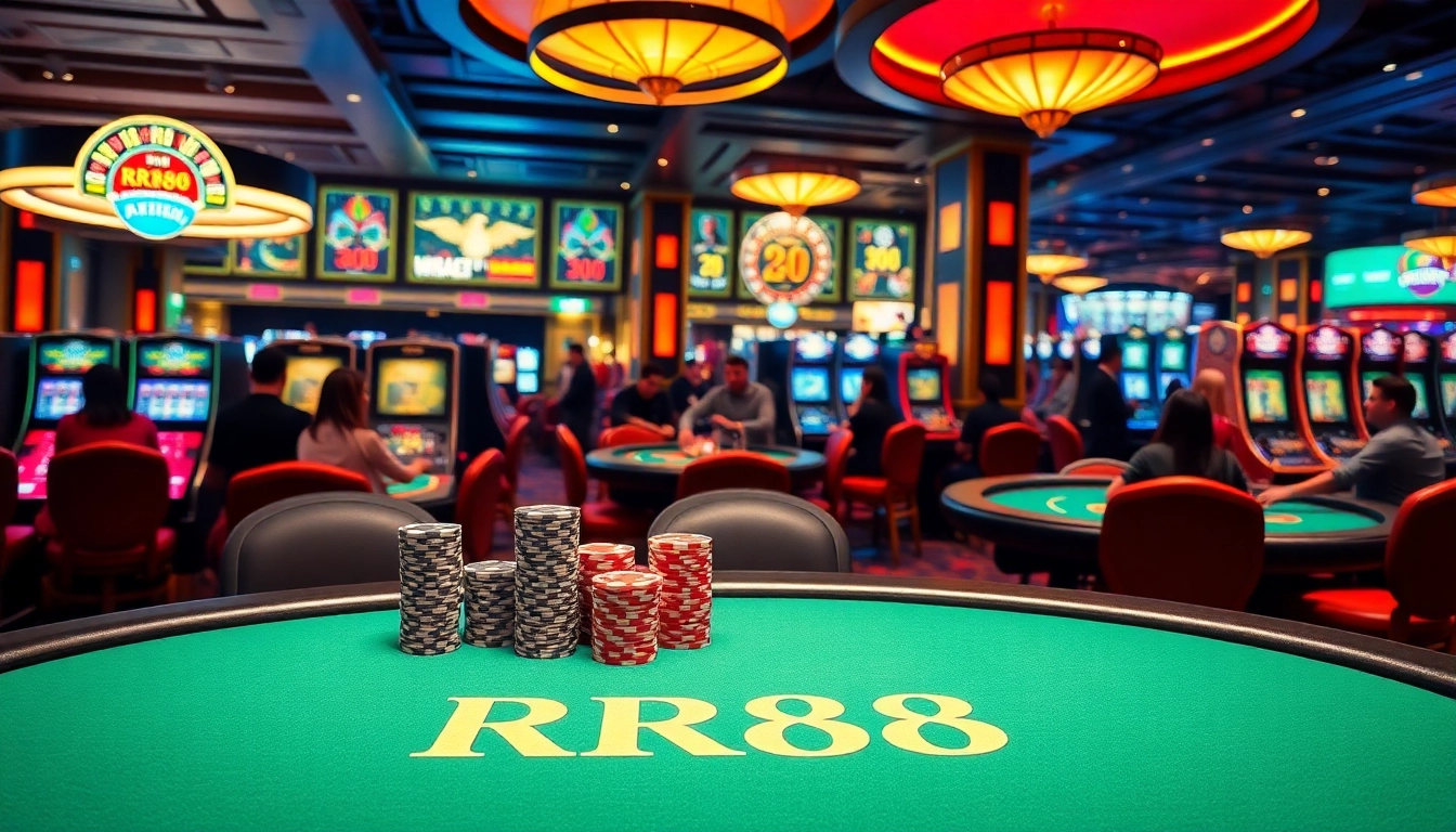 Exciting RR88 casino scene featuring poker table, roulette wheel, and vibrant slot machines.