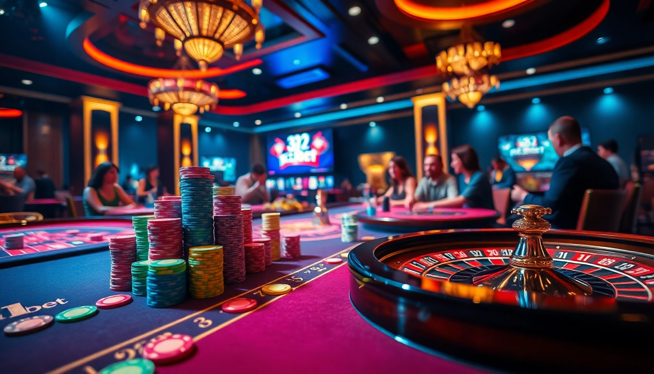 Experience the excitement of 333bet in a luxurious casino setting with poker chips and a roulette wheel.