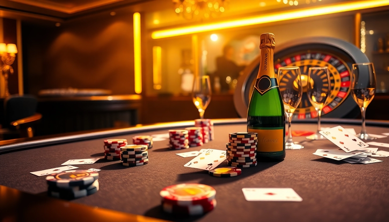 The thrilling atmosphere of lucky88com.me featuring poker chips, cards, and roulette highlights luxury gambling experiences.