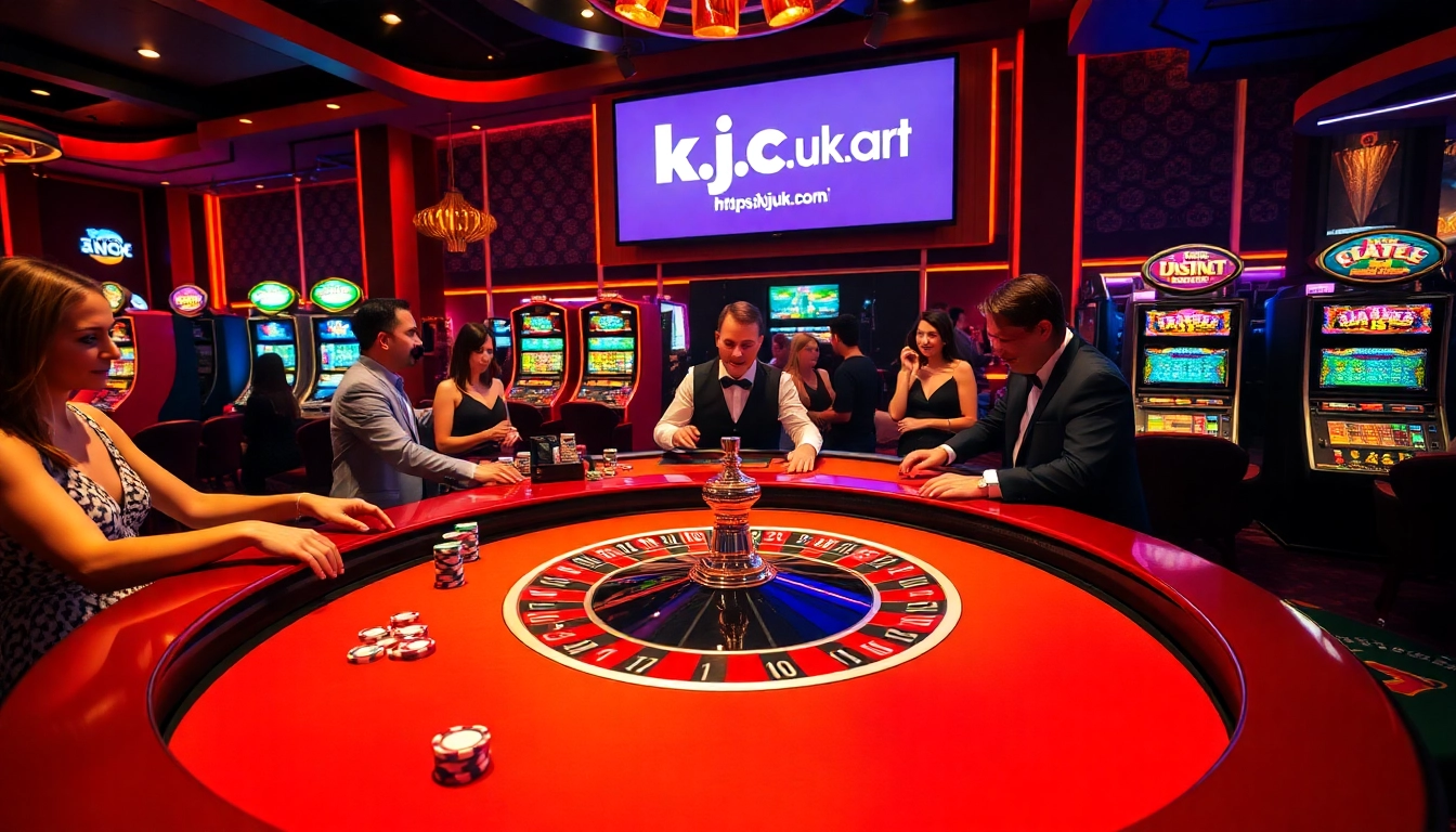 Betting excitement at https://kjc.uk.com/ with players at a glamorous roulette table.