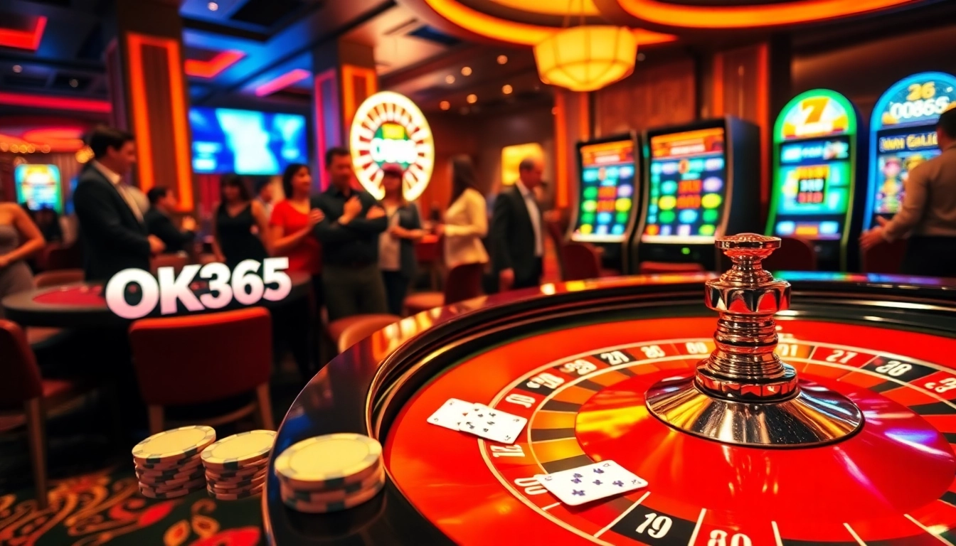 Engage in thrilling casino action with OK365, featuring roulette, poker chips, and online gaming excitement.