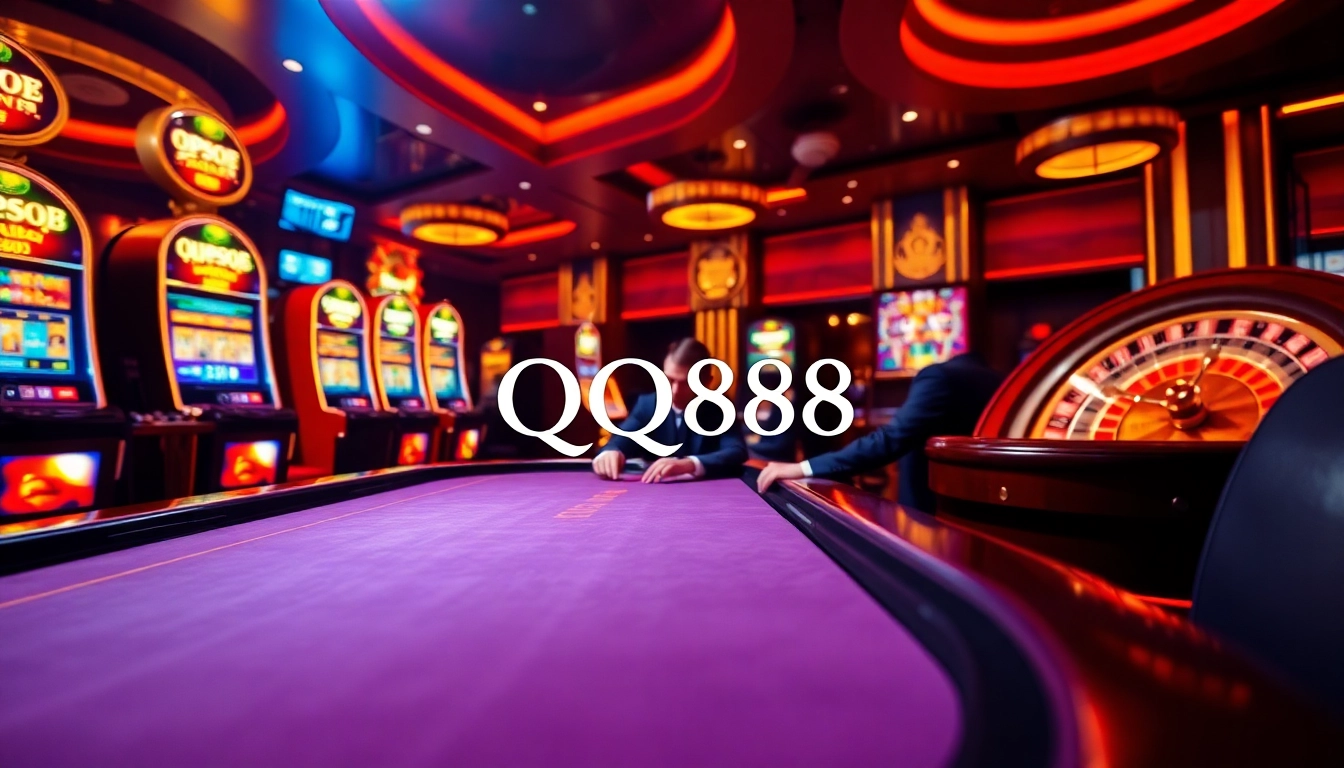 Experience thrilling gambling action with QQ88 at a luxurious casino table featuring a roulette wheel and slot machines.