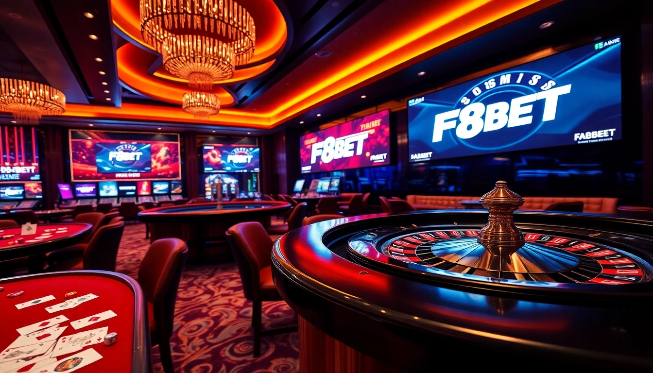 Experience thrilling gaming action at F8BET with casino tables, poker chips, and vibrant atmosphere.