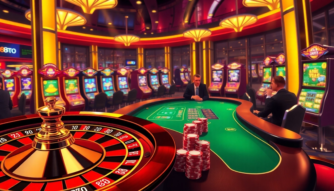 Engaged players enjoy vibrant games at 888TOP casino, featuring roulette and poker chips.