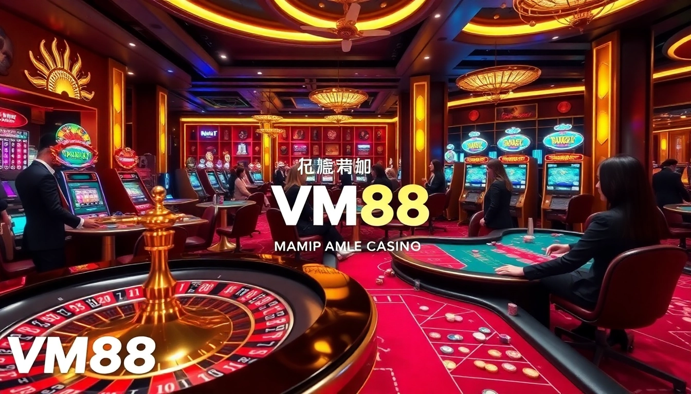Players enjoying a thrilling experience at VM88 casino, featuring roulette and slot machines.