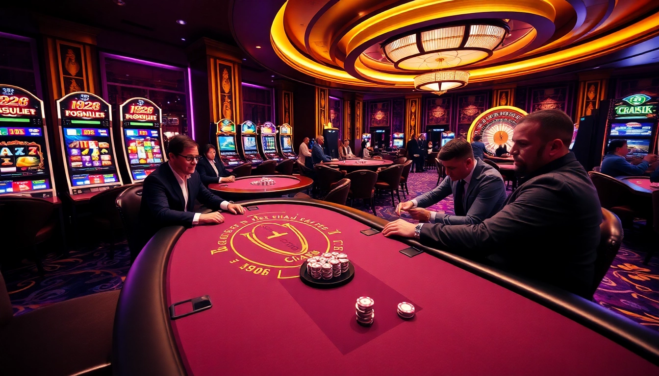 Engage in thrilling poker games and excitement at i828 Casino, featuring colorful chips and luxurious tables.