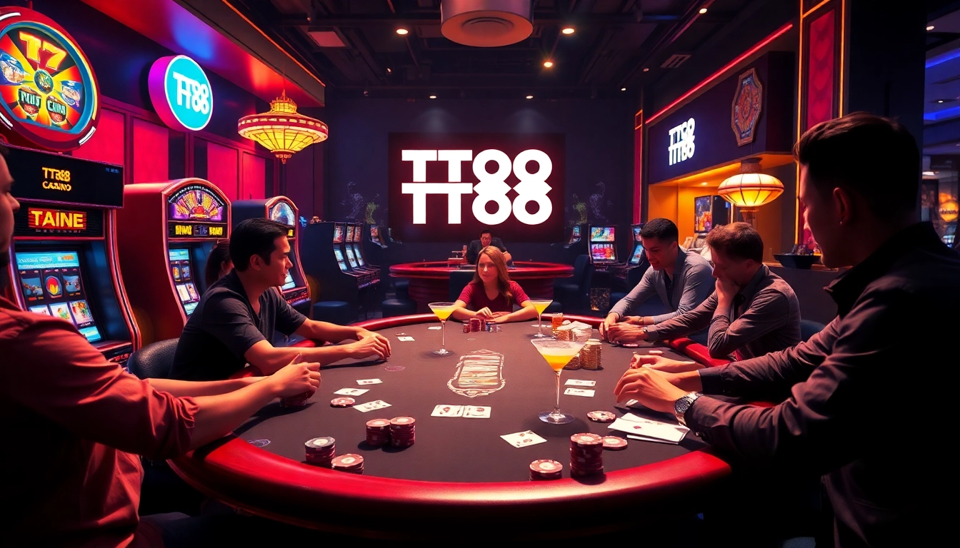 Engage with the thrilling atmosphere of TT88 Casino featuring vibrant poker games and slot machines.