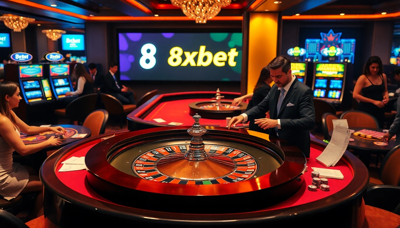 Engage in thrilling casino games with 8xbet featuring roulette and vibrant slot machines.