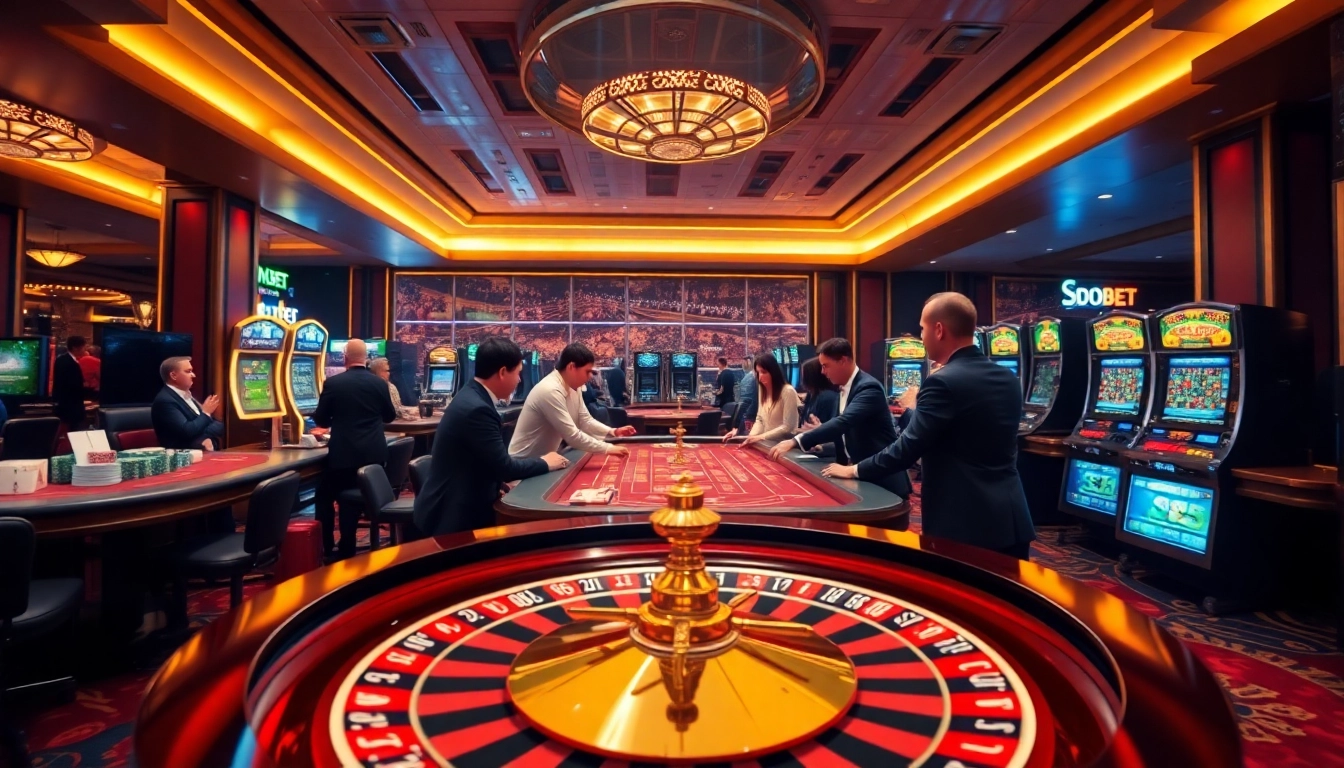 Sbobet online gaming interface with excited players at a luxurious casino scene.