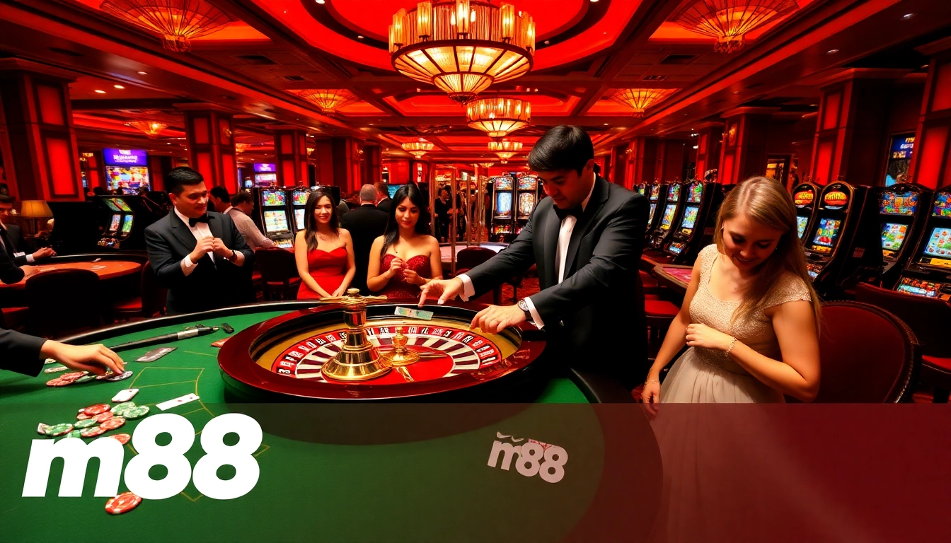 Engaging casino scene at m88 with players enjoying roulette and lively atmosphere.