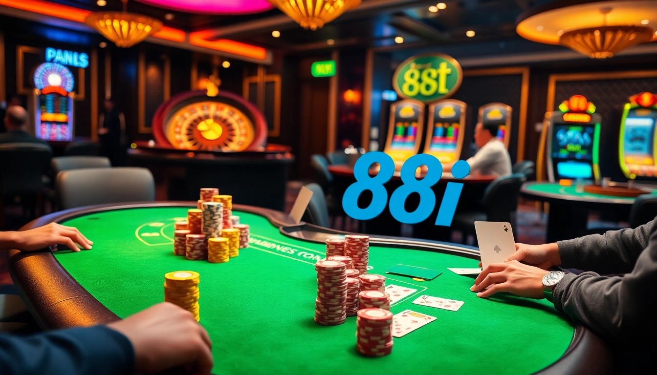 Players engaging in a high-stakes poker game at 88i casino, with vibrant chips and cards.