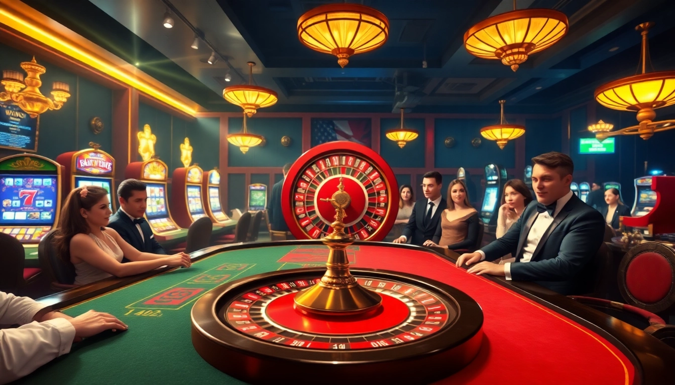 Players engaging at LV88's luxurious poker table surrounded by vibrant slot machines and a roulette wheel.