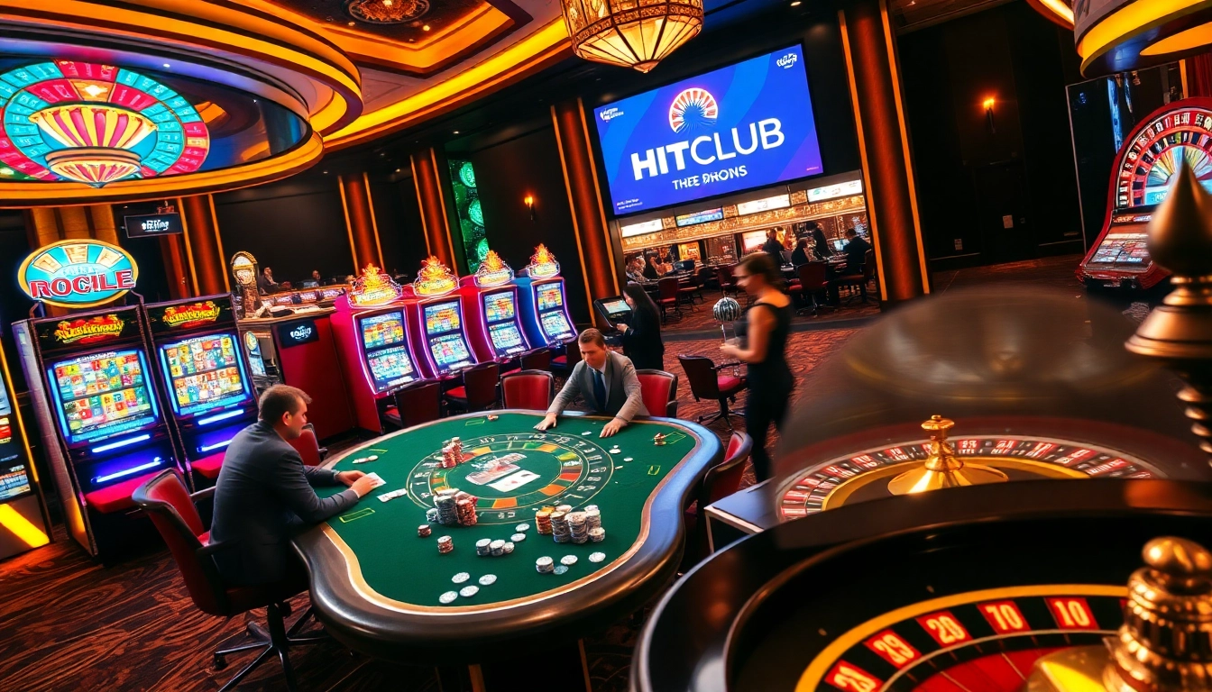 Players enjoying the thrill of HITCLUB at a vibrant casino table with poker chips and cards.