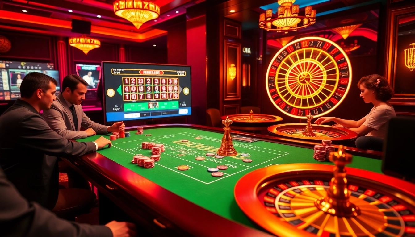 Players enjoying a thrilling casino experience at LC88 with vibrant gaming tables and colorful poker chips.