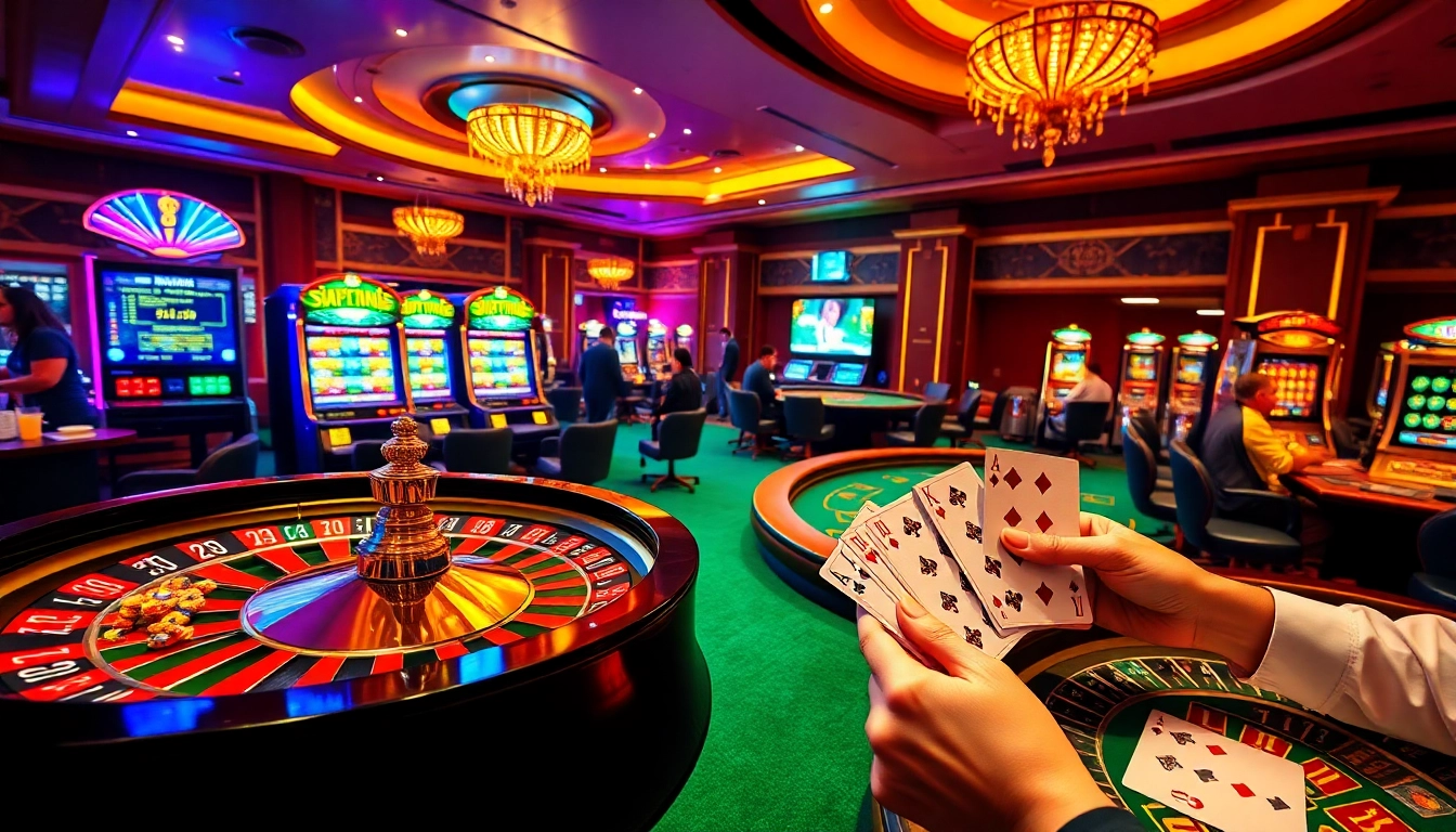 Exciting players engaging at rr88 casino tables with chips and cards, showcasing high-stakes gambling action.