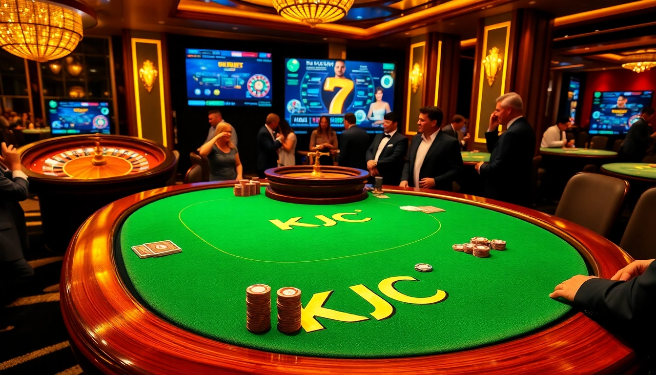 KJC branded poker table with players enjoying a luxurious casino atmosphere.