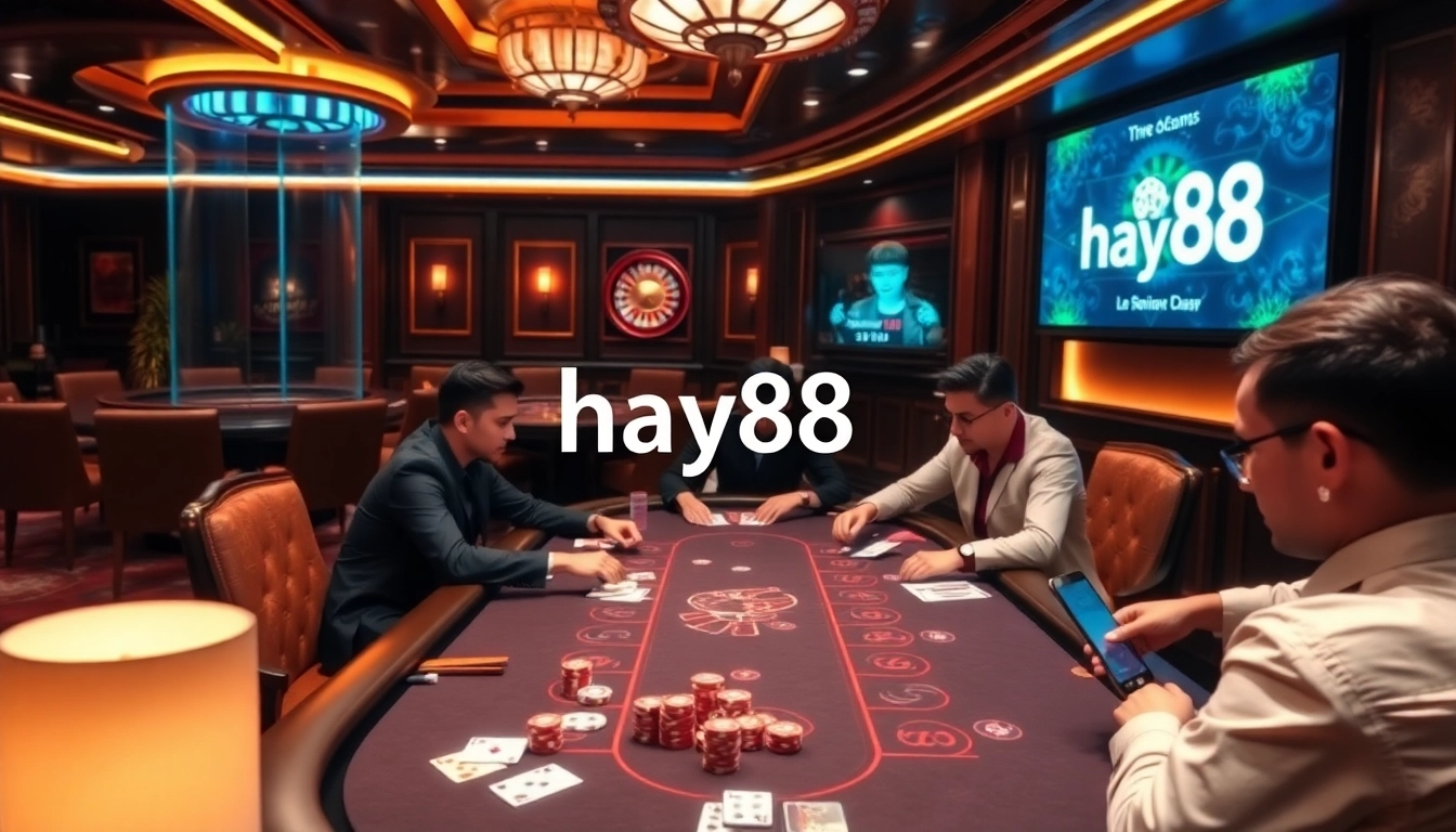 Engage in a thrilling poker game scene featuring hay88 with luxurious casino elements and exciting gameplay.