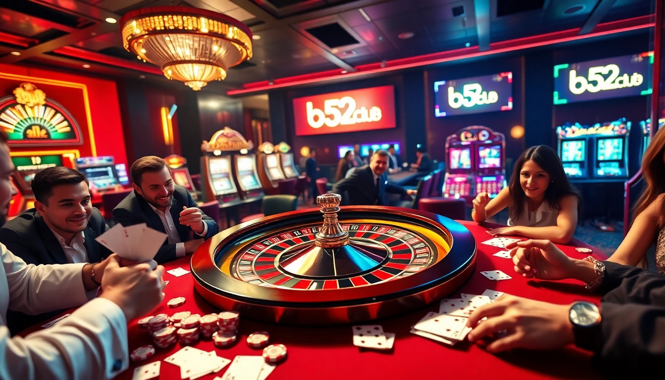 B52club players celebrate high stakes at an exciting casino table with roulette wheel and chips.
