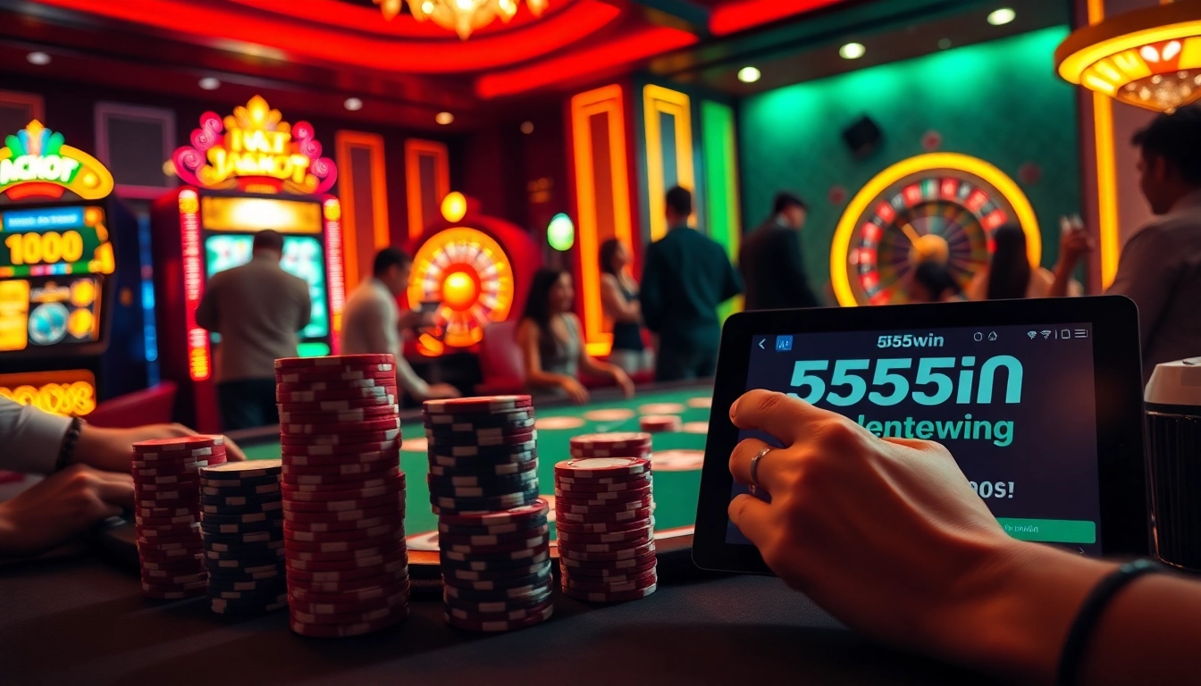 Players engaging in a high-stakes game at a luxury casino table; featuring 555win betting application.
